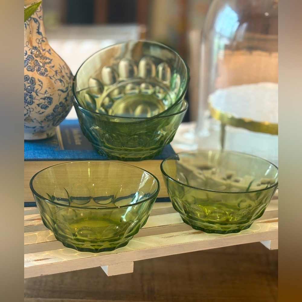 4 Green Hazel Atlas Thumbprint Bowls. Vintage 70s. | Olive Green | MCM EUC 5”